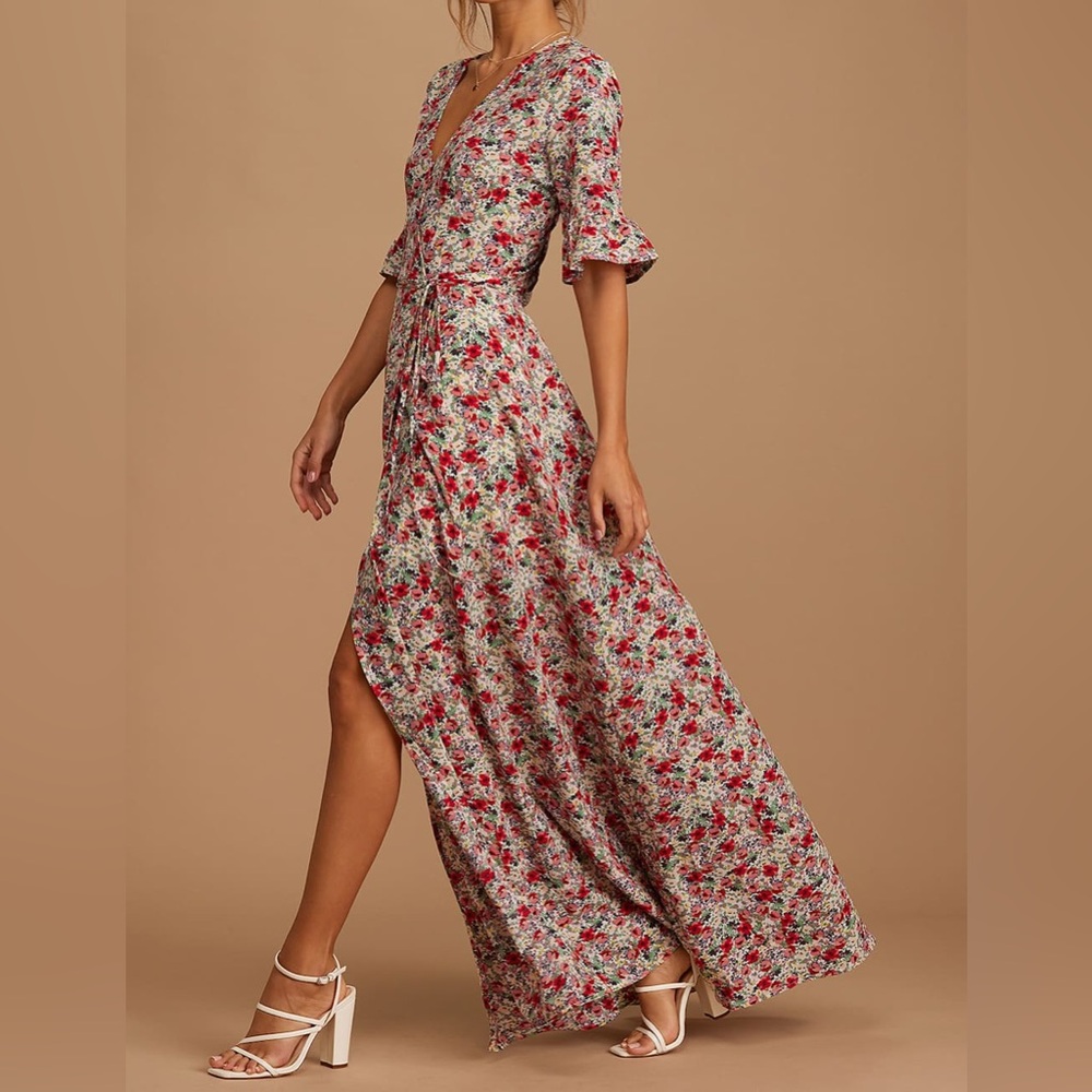 Lulus September Sunsets White Multi Floral Print Wrap Maxi Dress size M Red